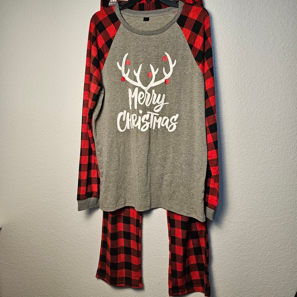 Pajama Set  Merry  Christmas  Letter Plaid Print Top Blouse Pants  Size L
